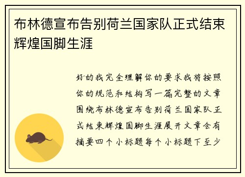 布林德宣布告别荷兰国家队正式结束辉煌国脚生涯 布林德宣布告别荷兰国家队正式结束辉煌国脚生涯